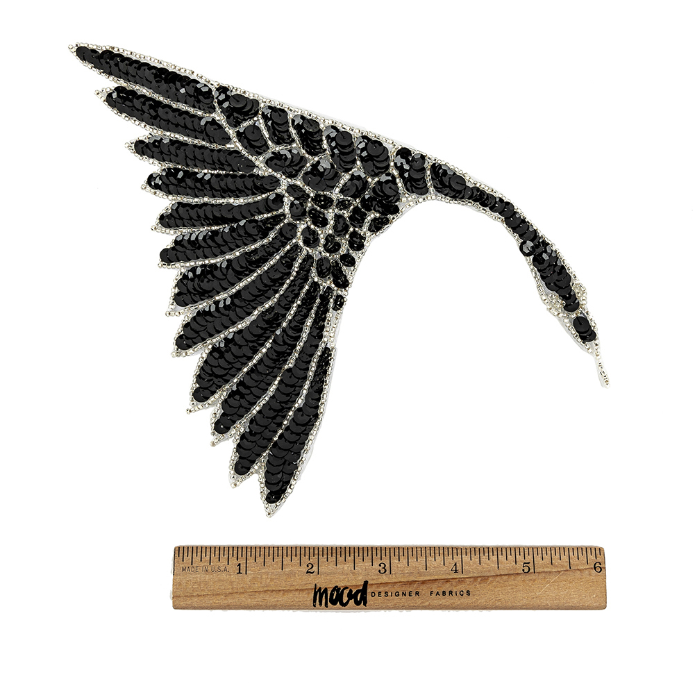 Vintage Fancy Black Sequins and Silver-lined Beaded Fan Applique - 6.25" x 7.5"