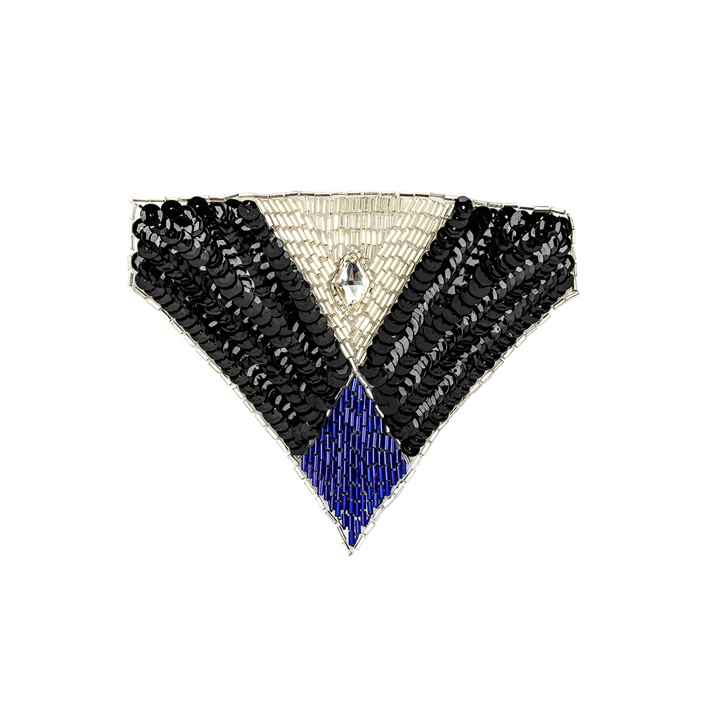 Vintage Black Sequins and Silver and Blue Beaded Applique with Diamond-shaped Crystal Center – 4.375″ x 5.5″ Vintage Black Sequins and Silver and Blue Beaded Applique with Diamond-shaped Crystal Center – 4.375″ x 5.5″