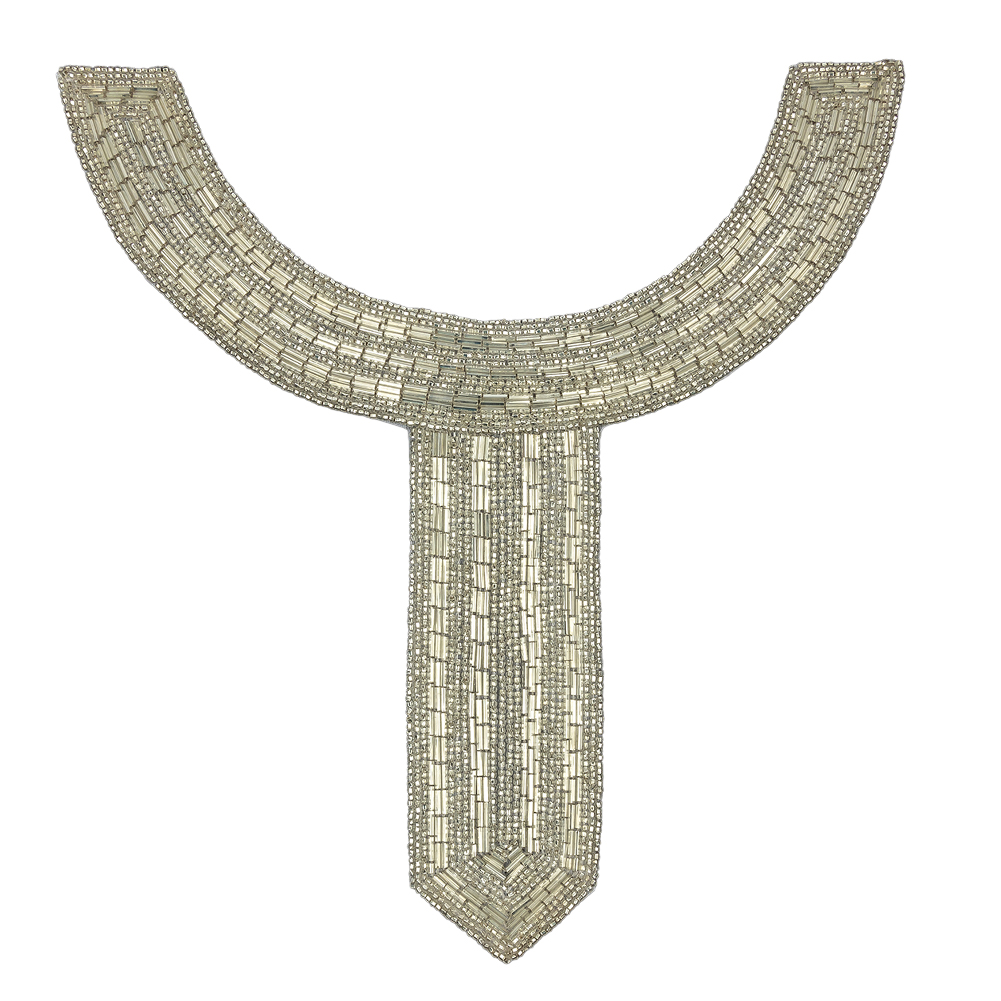 Vintage Fancy Silver-Lined Bugle and Seed Beaded Collar Applique – 9.5″ x 9″ Vintage Fancy Silver-Lined Bugle and Seed Beaded Collar Applique – 9.5″ x 9″