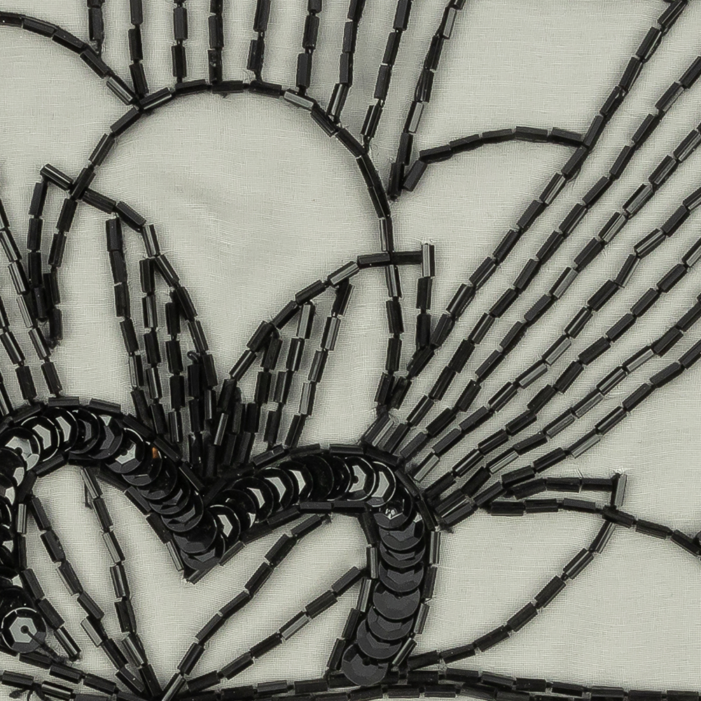 Vintage Black Floral Lines Left Glass Beaded Sheer Panel Applique - 7.5" x 6.75"