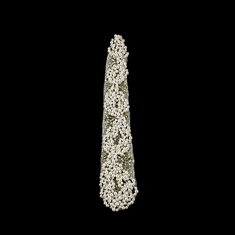 Vintage Fancy Pearl, Silver-lined and White Iris Beaded Tie Applique – 10.375″ x 2″ Vintage Fancy Pearl, Silver-lined and White Iris Beaded Tie Applique – 10.375″ x 2″