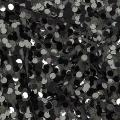 Milly Reflective Disco Ball and Gunpowder Two-Tone Circular Paillette Sequins on Black Mesh Milly Reflective Disco Ball and Gunpowder Two-Tone Circular Paillette Sequins on Black Mesh