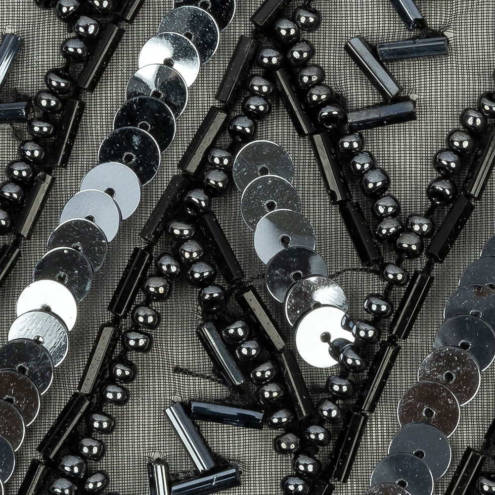 Vintage Black and Gunmetal Sequins and Zig-Zag Bugle Beaded Sheer Panel Applique - 13.5" x 9.375"