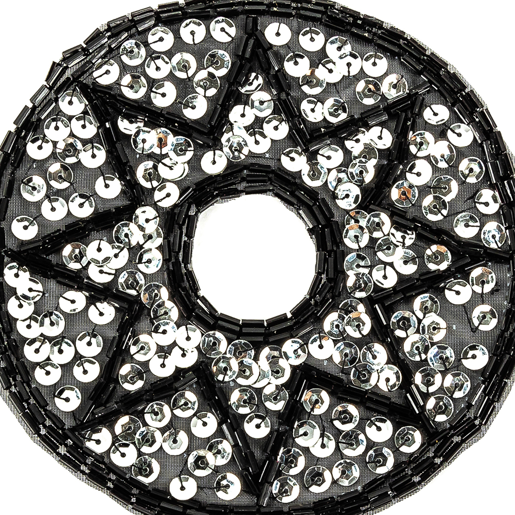 Vintage Black Bugle Beads and Silver Sequins Circular Star Applique - 4.375" x 4.375"