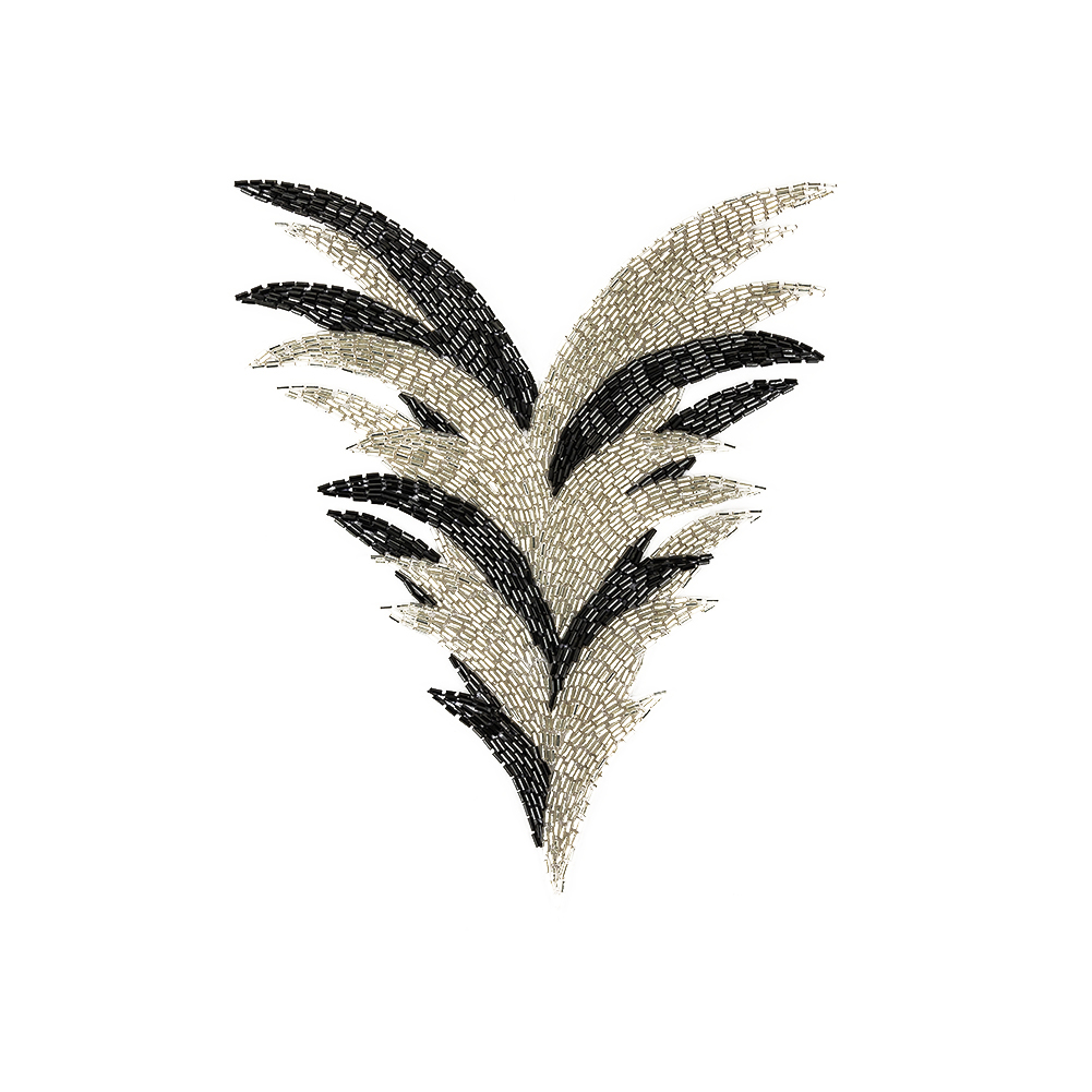 Vintage Black and Silver Bugle Beaded Large Foliage Applique – 9.625″ x 8″ Vintage Black and Silver Bugle Beaded Large Foliage Applique – 9.625″ x 8″