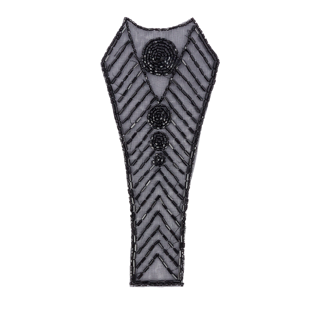 Vintage Black Bugle and Chop Beaded Abstract Applique – 7.25″ x 3.25″ Vintage Black Bugle and Chop Beaded Abstract Applique – 7.25″ x 3.25″