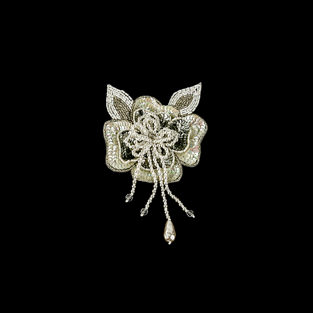 Vintage White Iris and Pearl, Silver Sequins and Beaded 3D Floral Applique with Crystal Bead Center – 6.625″ x 4.25″ Vintage White Iris and Pearl, Silver Sequins and Beaded 3D Floral Applique with Crystal Bead Center – 6.625″ x 4.25″