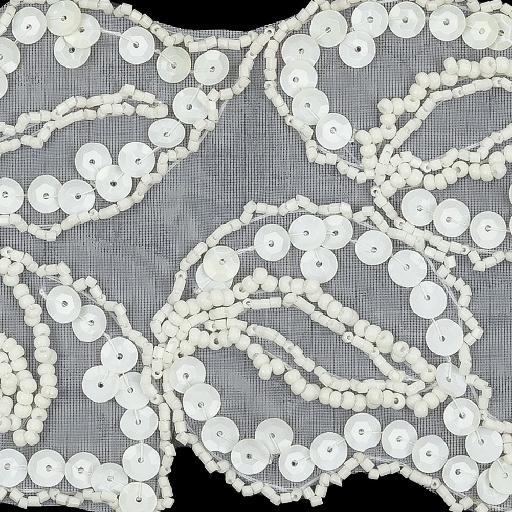 Vintage White Abstracted Leaves Beaded and Sequins Sheer Mesh Applique - 3.75" x 18.25"