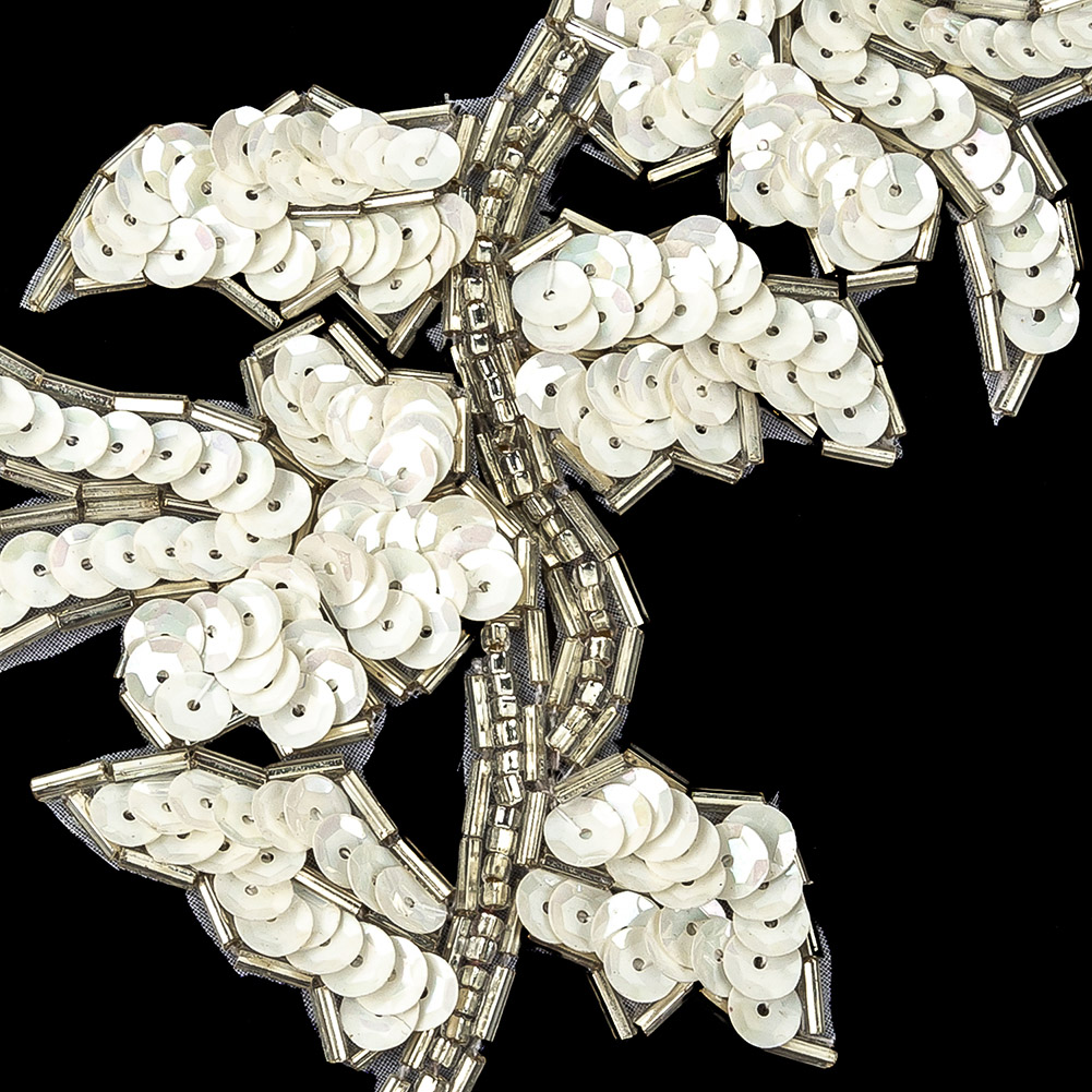 Vintage White Iris Sequins and Silver Bugle Beaded Floral Applique - 4.75" x 3.75"