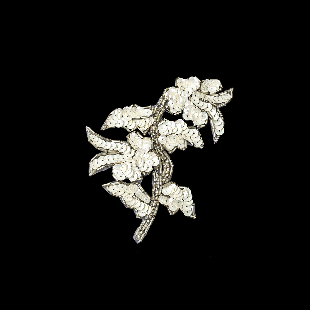 Vintage White Iris Sequins and Silver Bugle Beaded Floral Applique – 4.75″ x 3.75″ Vintage White Iris Sequins and Silver Bugle Beaded Floral Applique – 4.75″ x 3.75″