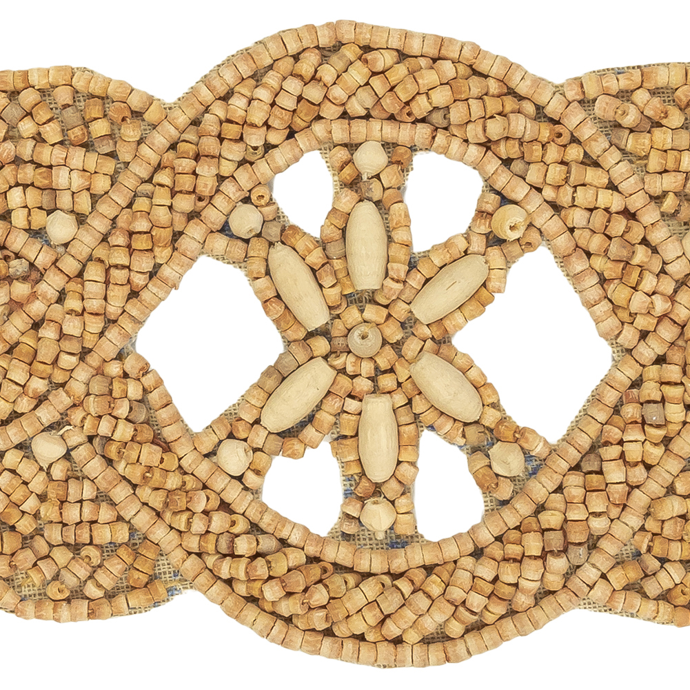Vintage Tan and Natural Floral Twist Wood Beaded Applique - 6" x 2.625"