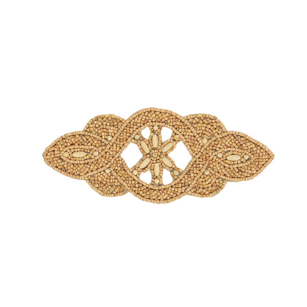 Vintage Tan and Natural Floral Twist Wood Beaded Applique – 6″ x 2.625″ Vintage Tan and Natural Floral Twist Wood Beaded Applique – 6″ x 2.625″