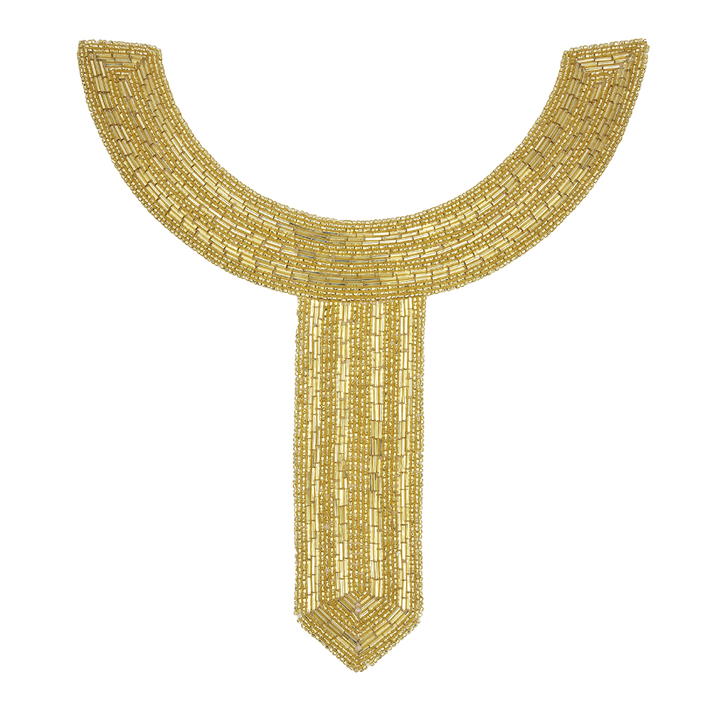 VIntage Fancy Gold Bugle and Seed Beaded Collar Applique – 9.5″ x 9″ VIntage Fancy Gold Bugle and Seed Beaded Collar Applique – 9.5″ x 9″