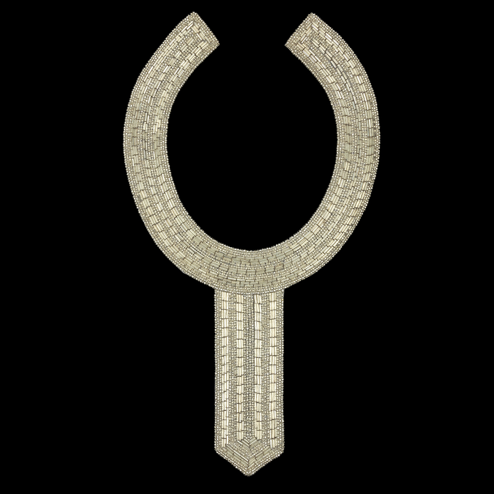 Vintage Silver Stiff Glass Beaded Collar Applique – 13.75″ x 7.5″ Vintage Silver Stiff Glass Beaded Collar Applique – 13.75″ x 7.5″