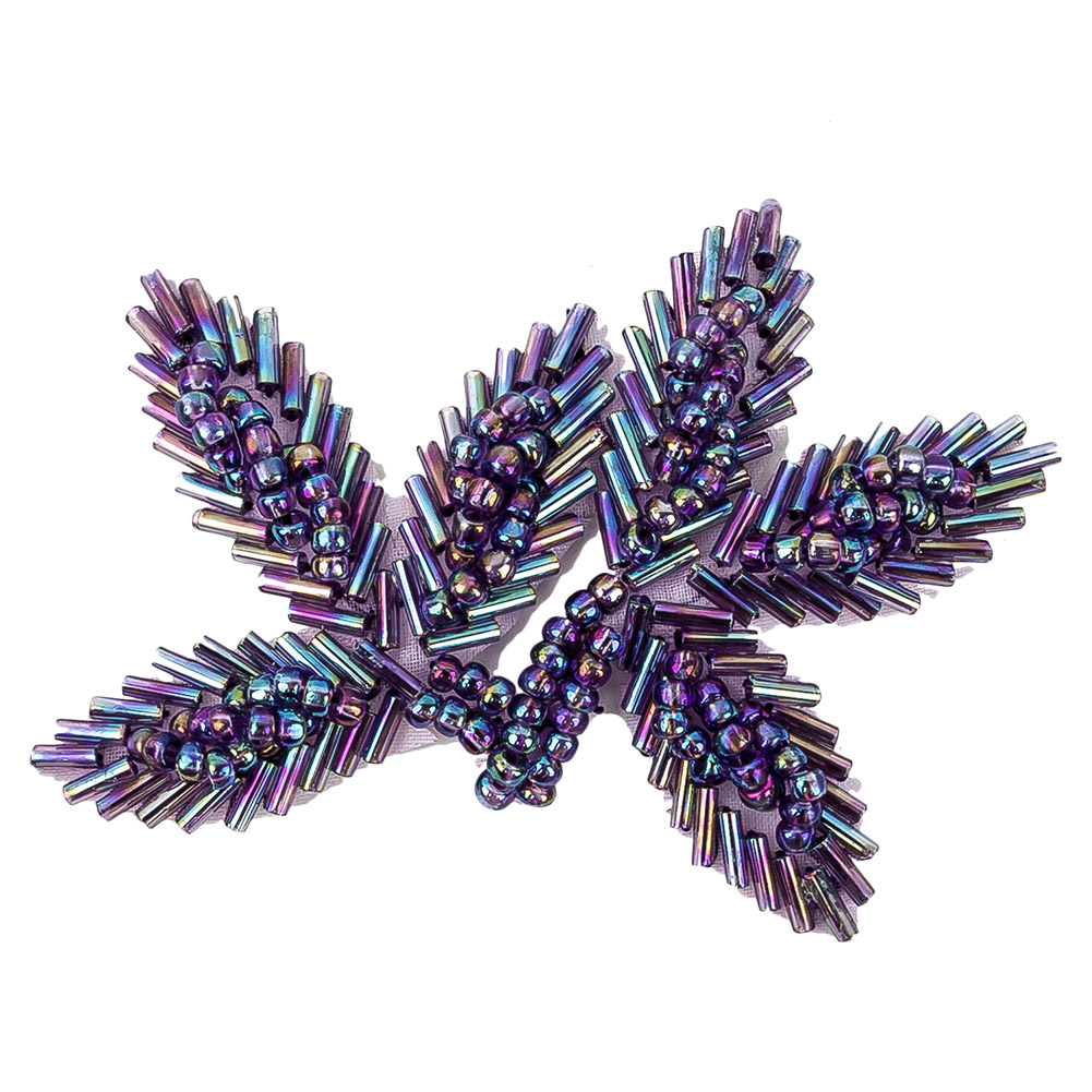 Vintage Lavender Iris Bugle and Seed Beaded Foliage Applique - 2.25" x 3.25"