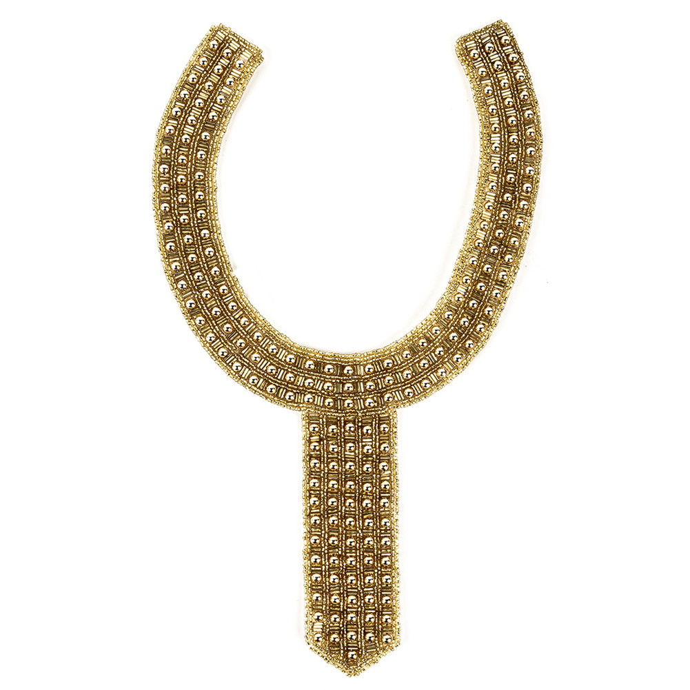 Vintage Fancy Gold Pearl and Gold-lined Beaded Neckline Applique – 13″ X 7.25″ Vintage Fancy Gold Pearl and Gold-lined Beaded Neckline Applique – 13″ X 7.25″