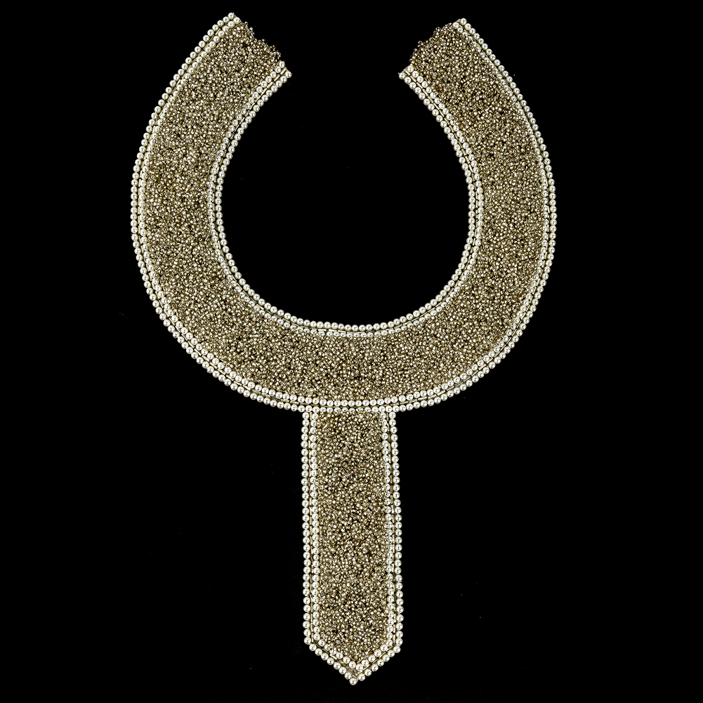 Vintage Fancy Pearl Bordered Silver-lined Beaded Neckline Applique – 14″ x 9″ Vintage Fancy Pearl Bordered Silver-lined Beaded Neckline Applique – 14″ x 9″