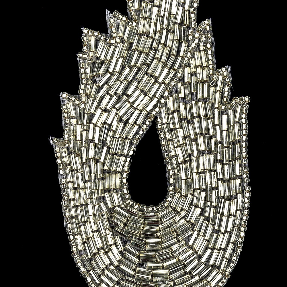 Vintage Silver-lined Bugle Beaded Abstract Applique - 4.625" x 2.5"