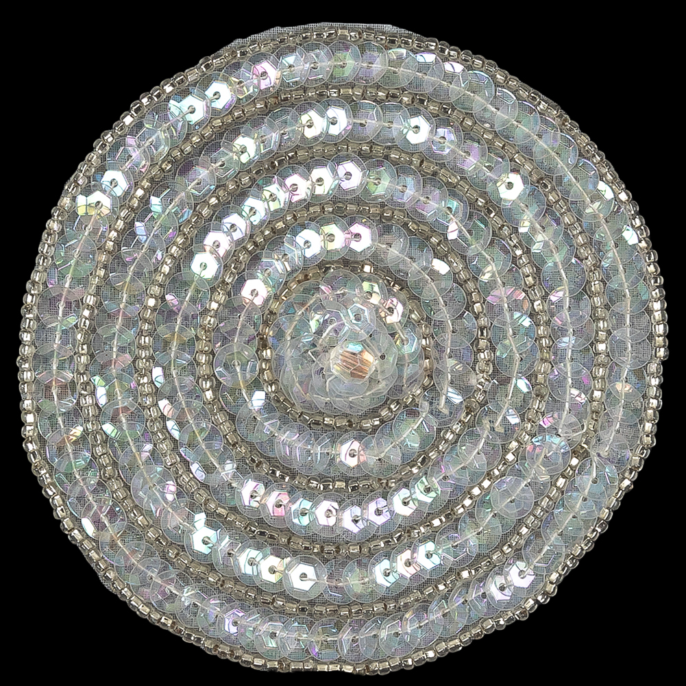 Vintage White Iris Sequins and Silver Lined Seed Beaded Concentric Circles Applique - 3.375"