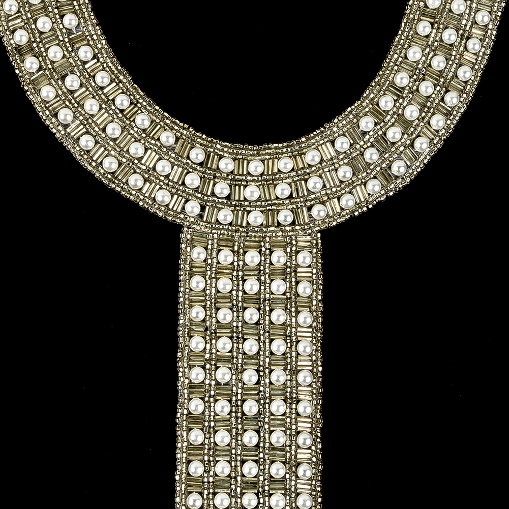 Vintage Fancy Pearl and Silver-lined Beaded Neckline Applique - 13" x 6.75"