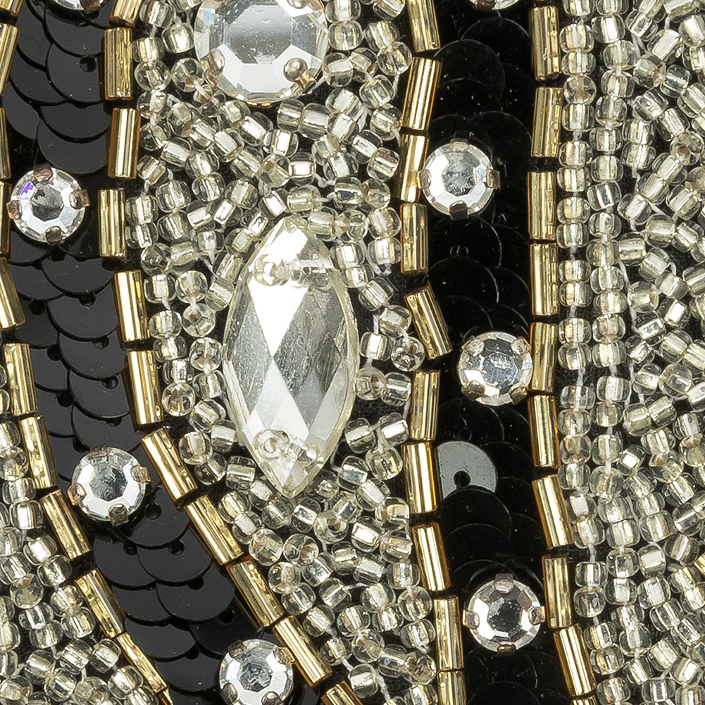 Vintage Black, Silver and Gold Left Paisley Beaded, Sequined and Rhinestone Applique - 5.25" x 3.75"