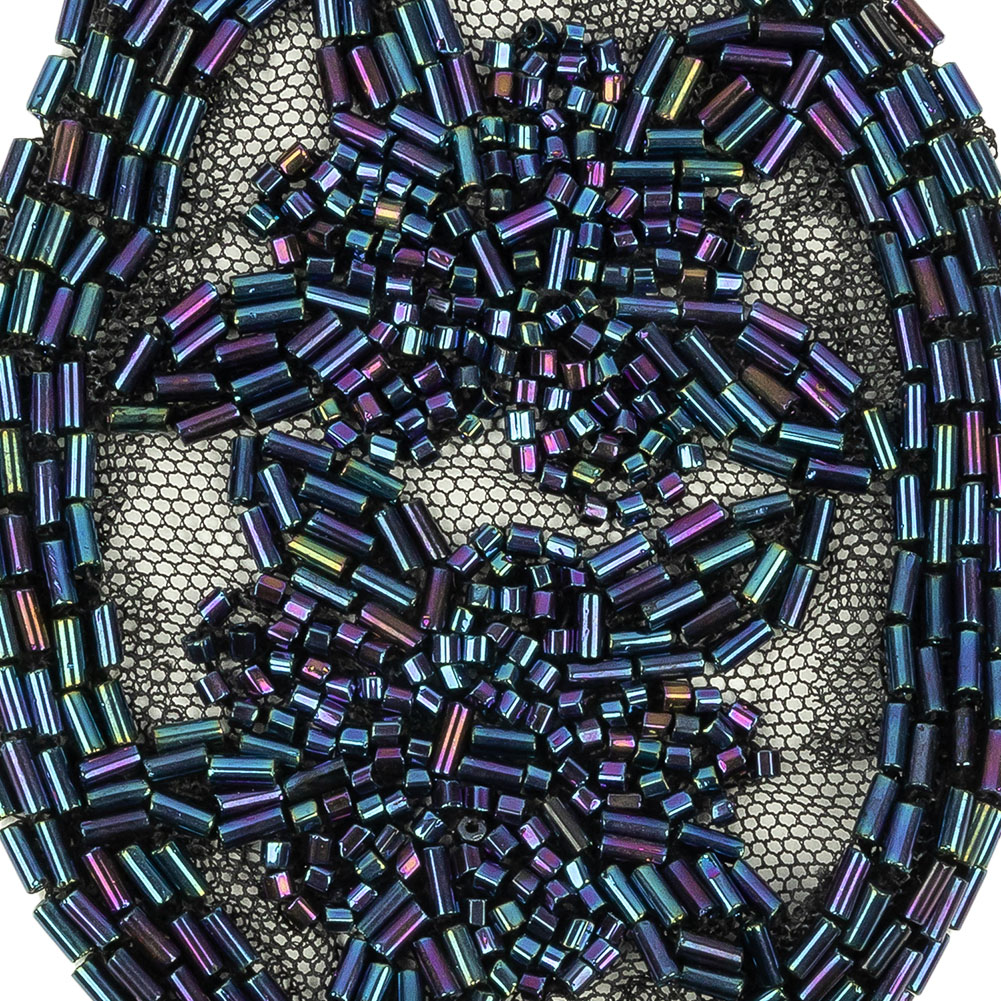 Vintage Blue Iris Floral Bugle Beaded Applique on Black Mesh - 3" x 3.875"