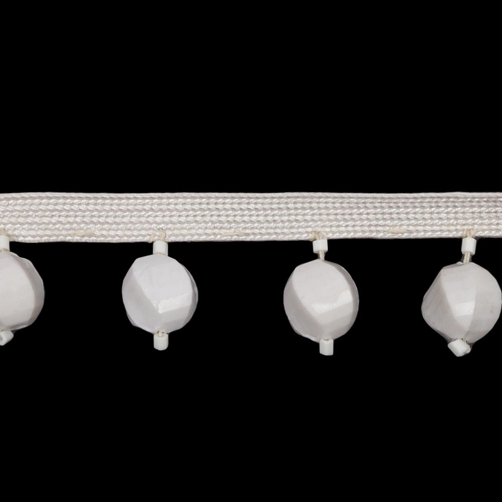 Vintage Chalk White Spiral Facets Beaded Fringe Trim on Ivory Tape - 0.875"