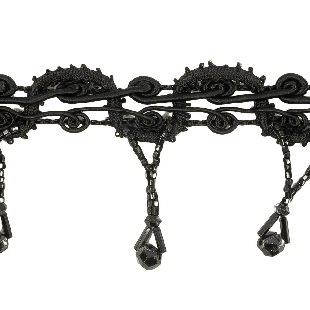 Vintage Black Beaded Fringe on Black Decorative Braid-1.875"
