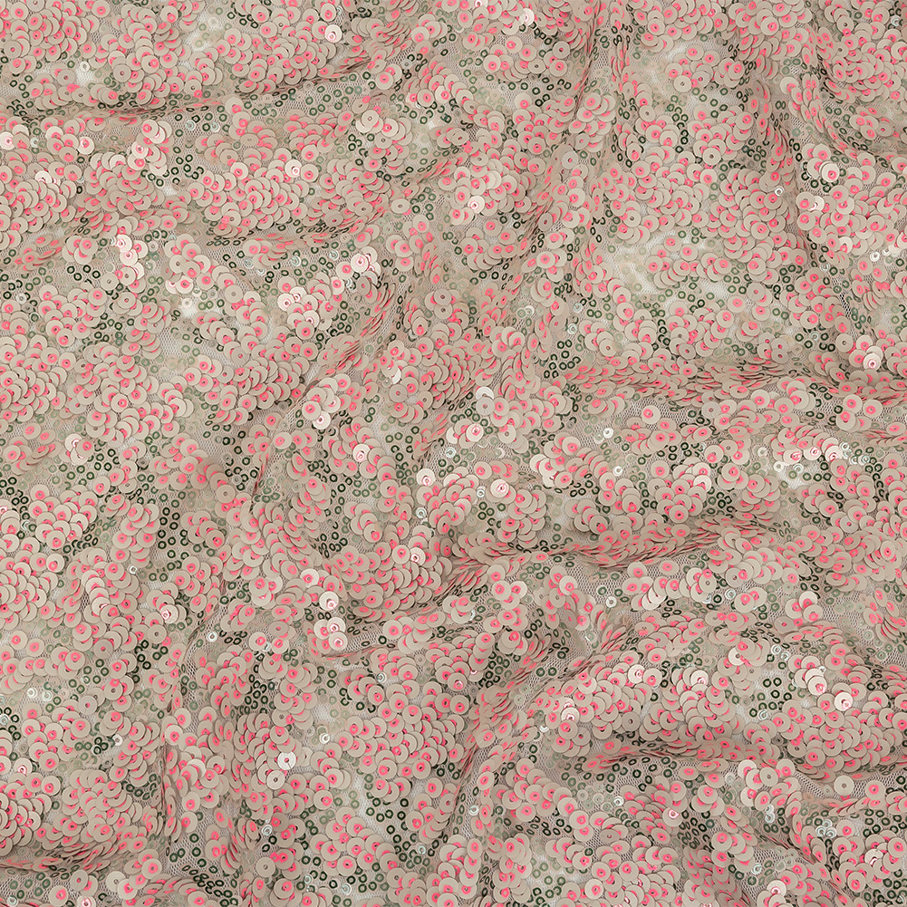 Pink, Lacquer and Satin Moss Sequin Passageways on White Mesh Pink, Lacquer and Satin Moss Sequin Passageways on White Mesh