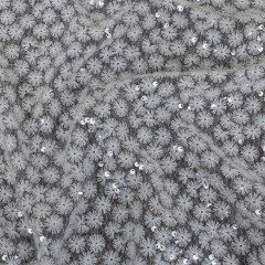White Daisy Embroidered Netting with Clear Baby Sequins White Daisy Embroidered Netting with Clear Baby Sequins