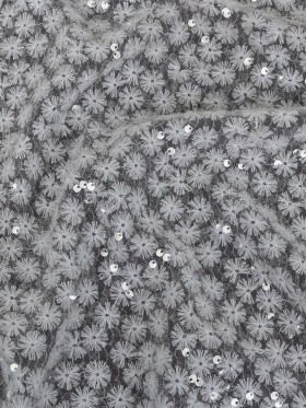 White Daisy Embroidered Netting with Clear Baby Sequins White Daisy Embroidered Netting with Clear Baby Sequins