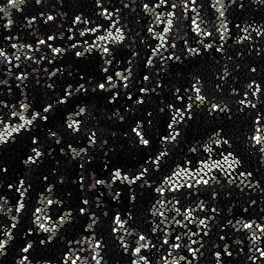 Milly Italian Black and Reflective Silver Paillette Sequins on Black Stretch Velour Milly Italian Black and Reflective Silver Paillette Sequins on Black Stretch Velour