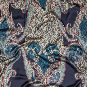 Blue Opal, Teal and Simply Taupe Paisley and Chantilly Lace Printed Polyester Lining Blue Opal, Teal and Simply Taupe Paisley and Chantilly Lace Printed Polyester Lining