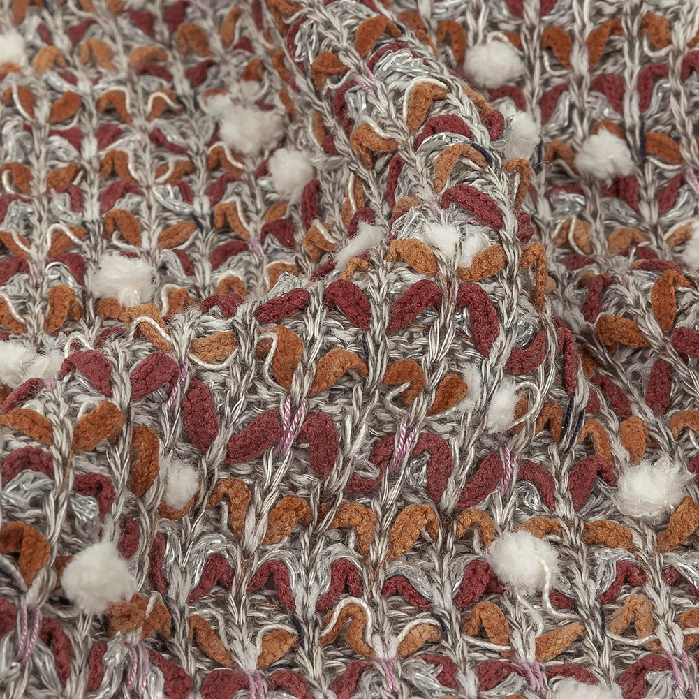 Pumpkin, Maroon and Silver Stretch Sweater Knit with Mini Sugar Swizzle Poms