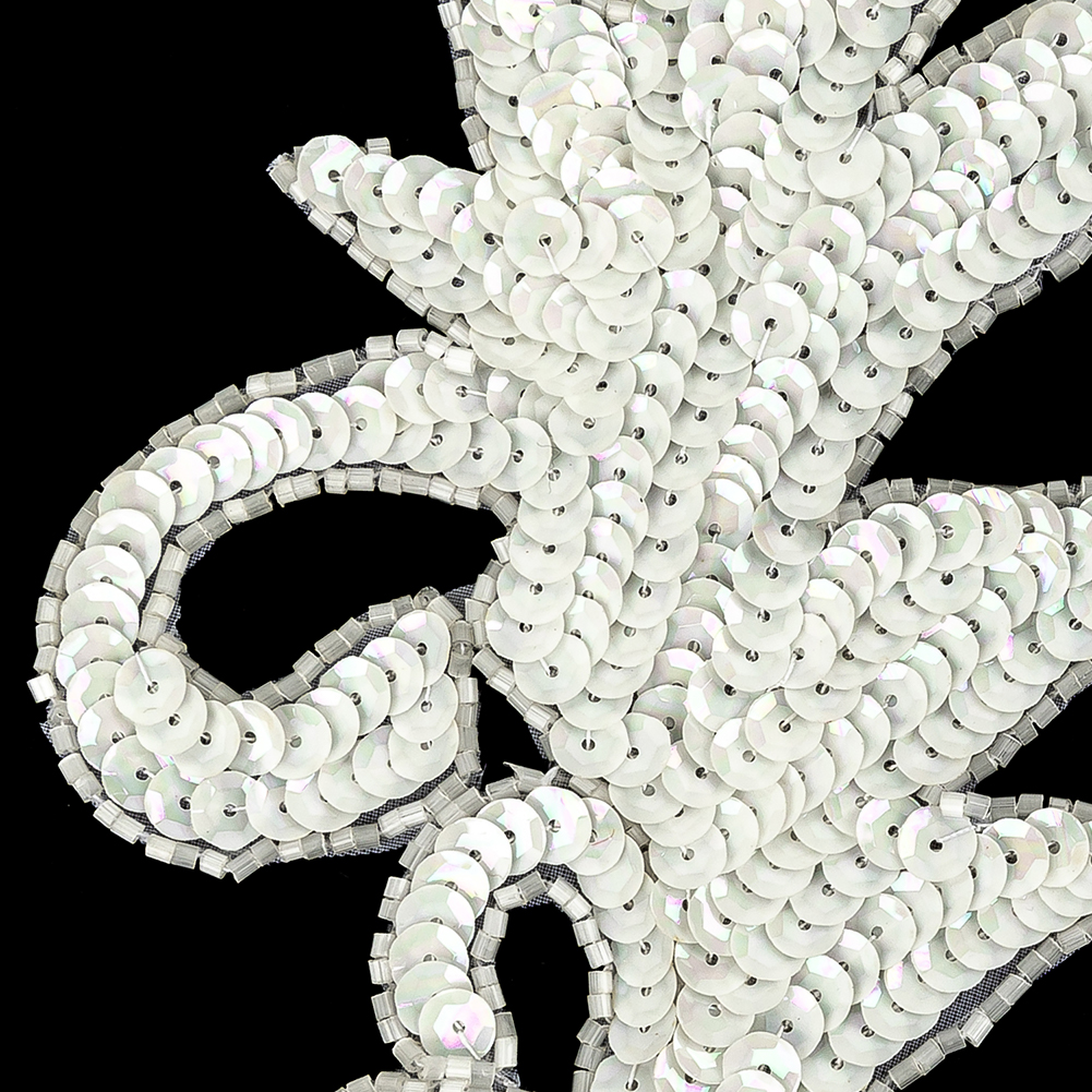 Vintage Opaque White Iris Sequins and Translucent Beaded Foilage Applique - 7.75" x 3.75"