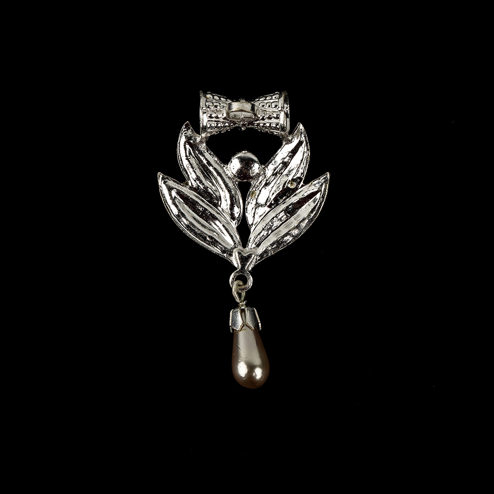 Vintage Crystal Rhinestones and Silver Metal Pearl Drop Classical Ornament with Bow - 1.625" x 1"