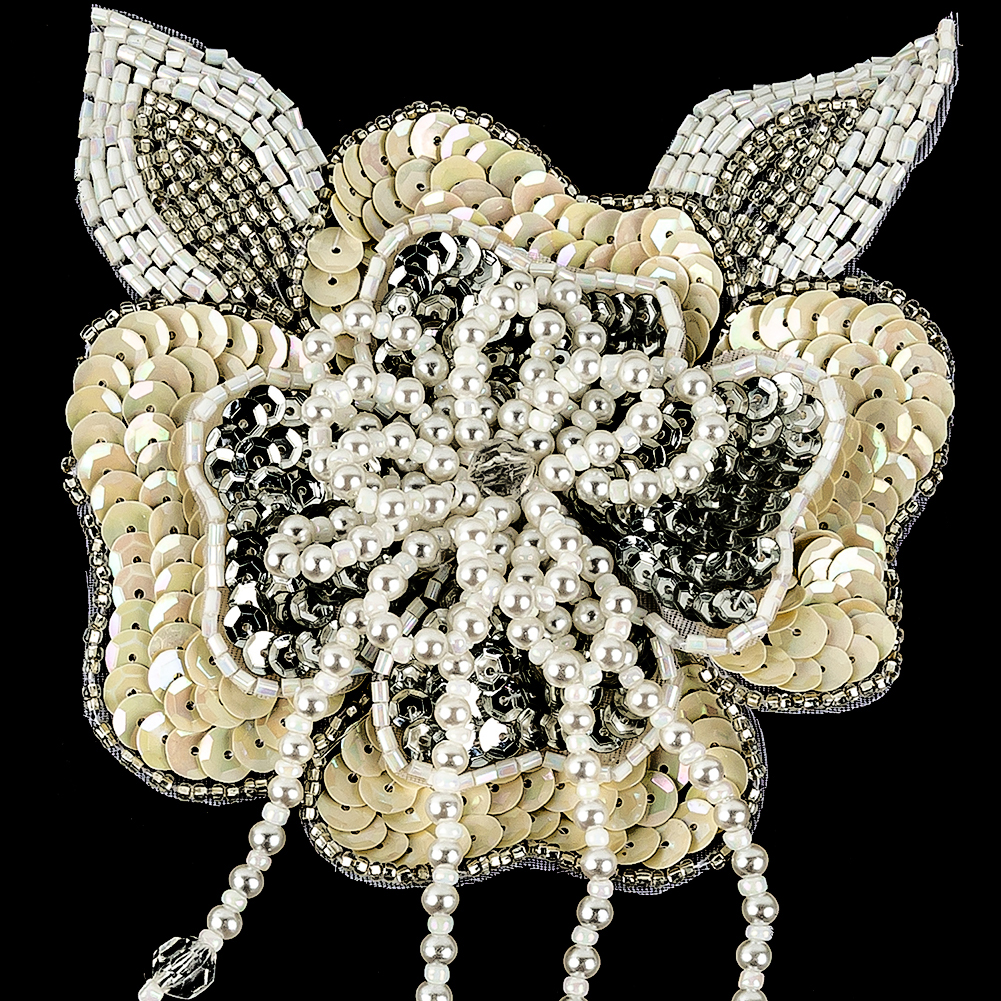 Vintage Golden Iris and Pearl, Silver Sequins and Beaded 3D Floral Applique with Crystal Bead Center - 6.625" x 4.25"