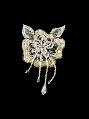 Vintage Golden Iris and Pearl, Silver Sequins and Beaded 3D Floral Applique with Crystal Bead Center – 6.625″ x 4.25″ Vintage Golden Iris and Pearl, Silver Sequins and Beaded 3D Floral Applique with Crystal Bead Center – 6.625″ x 4.25″