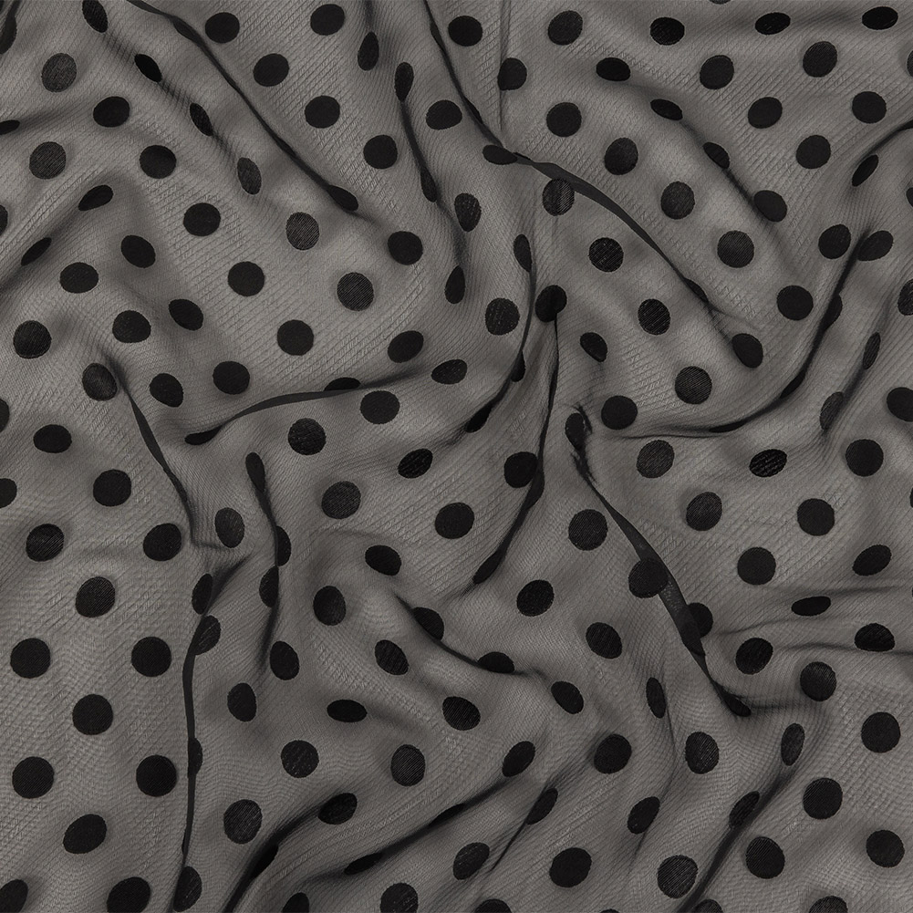 Famous Australian Designer Black Polyester Chiffon with Satin Burnout Polka Dots Famous Australian Designer Black Polyester Chiffon with Satin Burnout Polka Dots