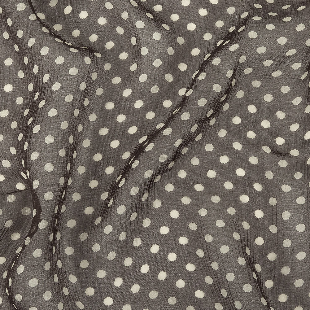 Famous Australian Designer Charcoal and Cannoli Cream Polka Dotted Crinkled Silk Chiffon Famous Australian Designer Charcoal and Cannoli Cream Polka Dotted Crinkled Silk Chiffon