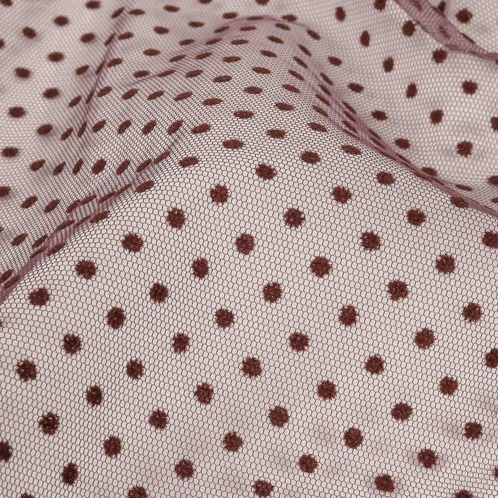 Famous Australian Designer Mahogany Flocked Dots Polyester Mesh