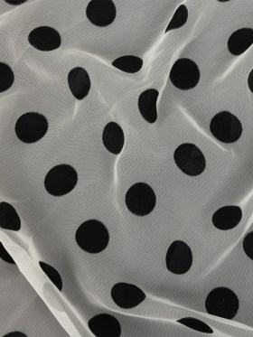 Famous Australian Designer Cloud Dancer White Polyester Chiffon with Large Black Woven Polka Dots Famous Australian Designer Cloud Dancer White Polyester Chiffon with Large Black Woven Polka Dots