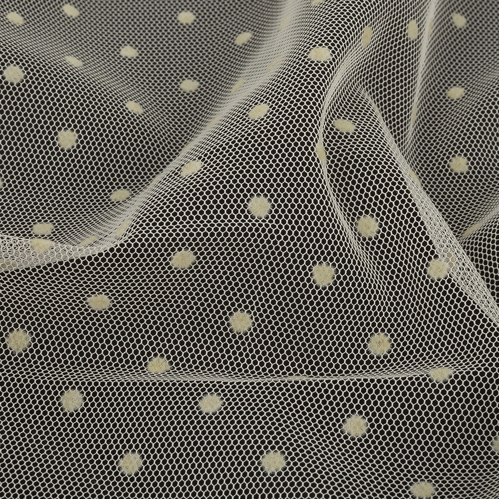 Famous Australian Designer Lemon Icing Polyester Mesh with Flocked Polka Dots