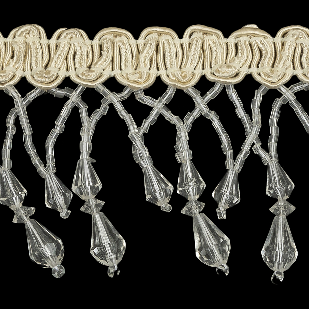 Vintage Crystal Fancy Beaded Fringe on Ivory Braid - 2.25"