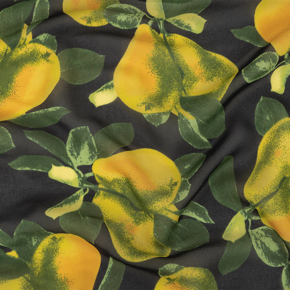 Famous NYC Designer Italian Amber and Green Pears Printed on Black Viscose Georgette Famous NYC Designer Italian Amber and Green Pears Printed on Black Viscose Georgette