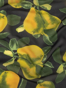 Famous NYC Designer Italian Amber and Green Pears Printed on Black Viscose Georgette Famous NYC Designer Italian Amber and Green Pears Printed on Black Viscose Georgette