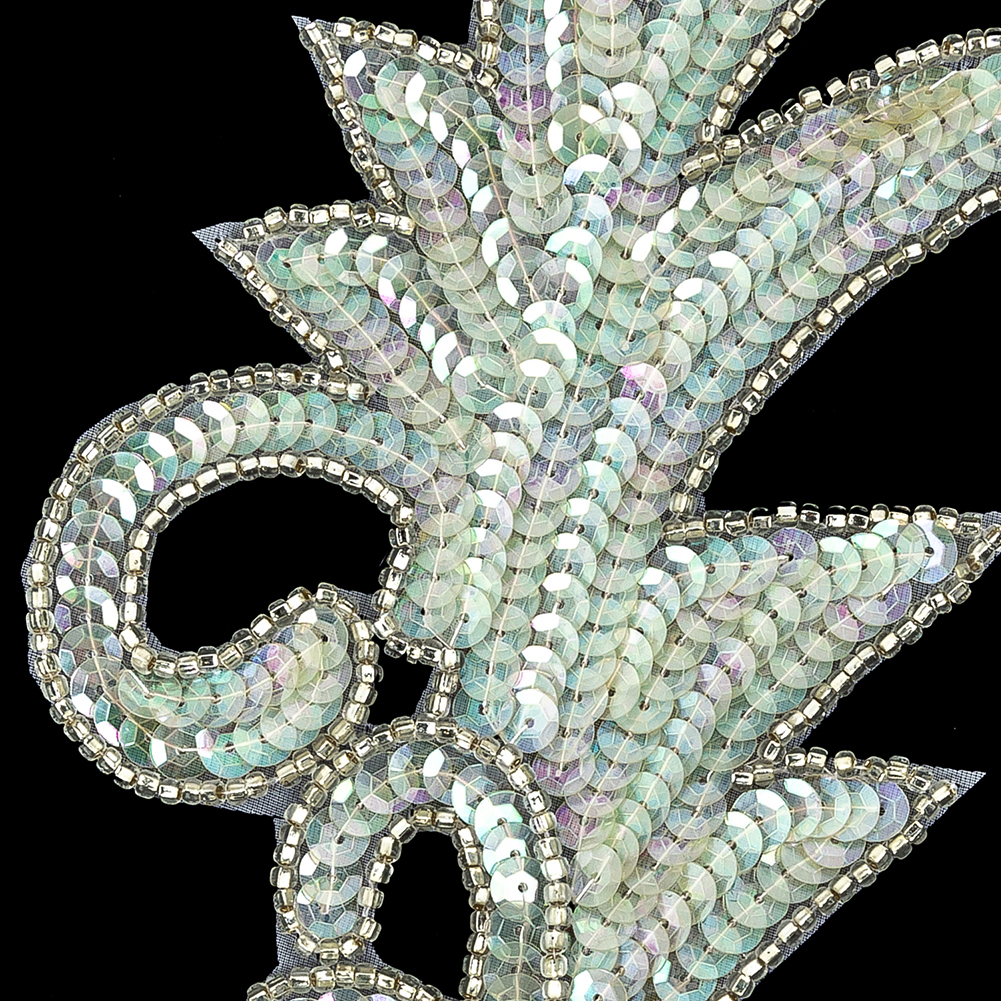 Vintage Translucent Green Iris Sequins and Silver-lined Beaded Foilage Applique - 7.75" x 3.75"