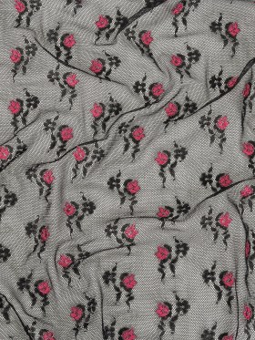 Black Stretch Mesh with Pink Embroidered Roses Black Stretch Mesh with Pink Embroidered Roses