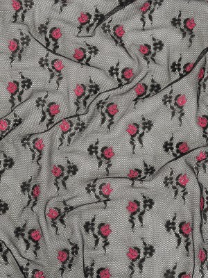 Black Stretch Mesh with Pink Embroidered Roses Black Stretch Mesh with Pink Embroidered Roses