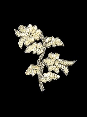 Vintage Ivory Iris Sequins and Silver Bugle Beaded Floral Applique – 4.75″ x 3.75″ Vintage Ivory Iris Sequins and Silver Bugle Beaded Floral Applique – 4.75″ x 3.75″